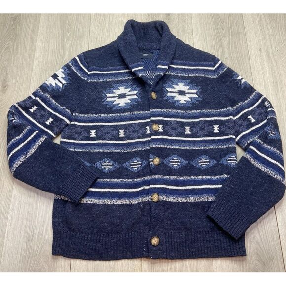 Lucky Brand Sweater Mens Cardigan Navajo Southwestern Shawl‎ Collar Aztec Tribal - Picture 1 of 11